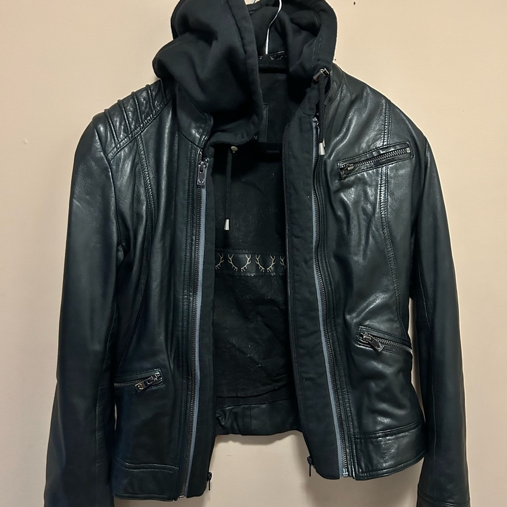 Black Leather Jacket with detachable Hood see pics. Soft leather worn once